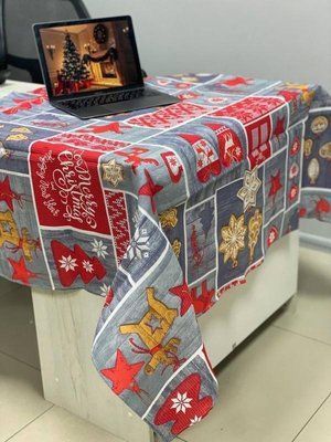Скатерть новогодняя прямоугольная льняная 150х220 Новый год 2039073578 фото